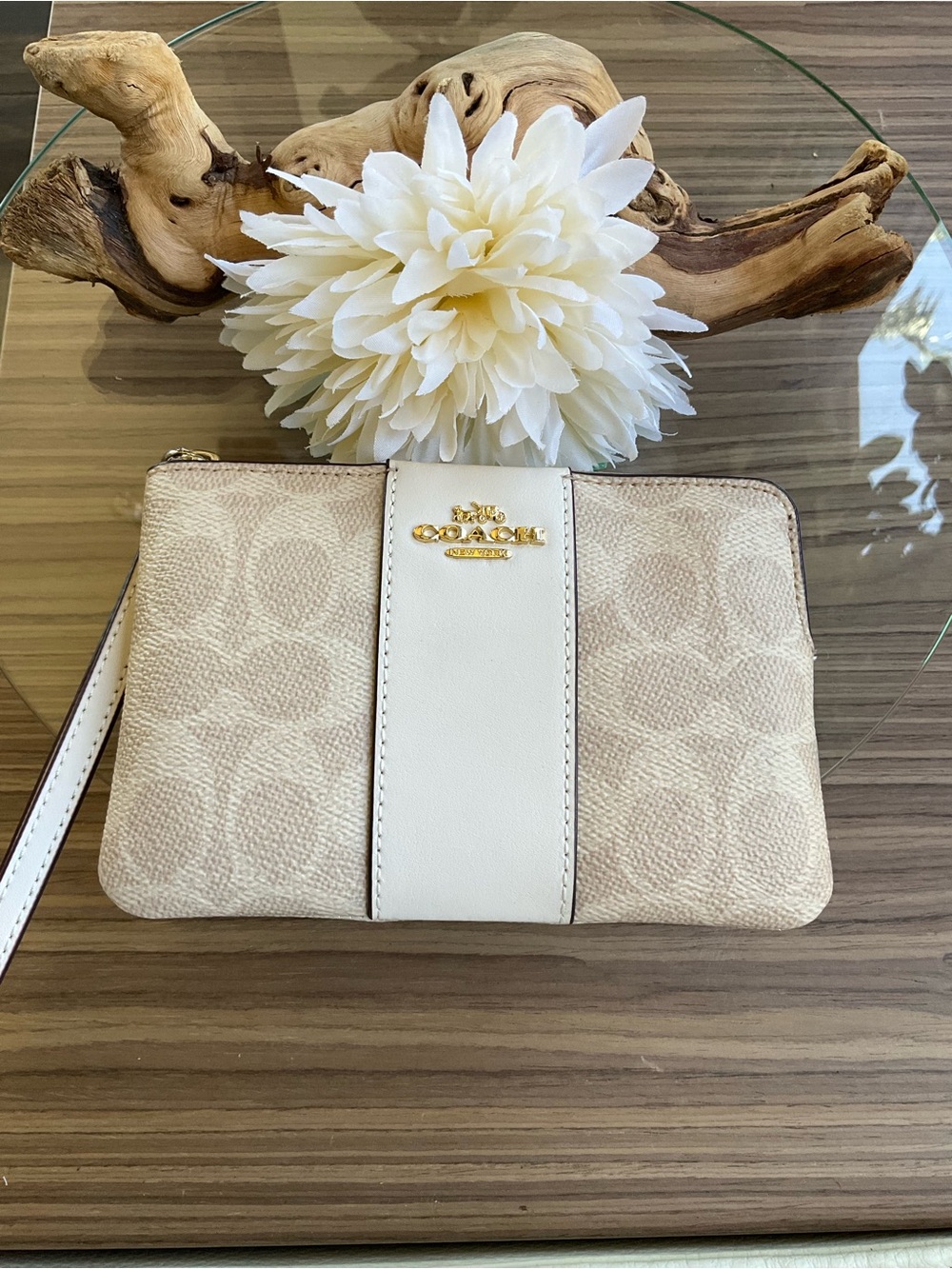 Coach Beige Signature Stripe Wristlet